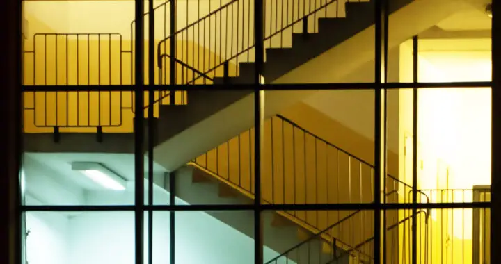 An image of stairs as seen through the window of a building for the article "Top-Down Management: Advantages and Disadvantages"