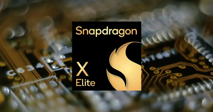 A logo of Snapdragon X Elite in front of a blurred image of a circuit board for the article "Snapdragon X Elite Review: Pros and Cons"