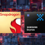 An image showing the logos of Qualcomm Snapdragon and Samsung Exynos with a circuit on the background for the article "Snapdragon vs Exynos: Which One is Better?"