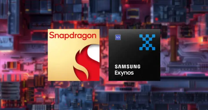 An image showing the logos of Qualcomm Snapdragon and Samsung Exynos with a circuit on the background for the article "Snapdragon vs Exynos: Which One is Better?"